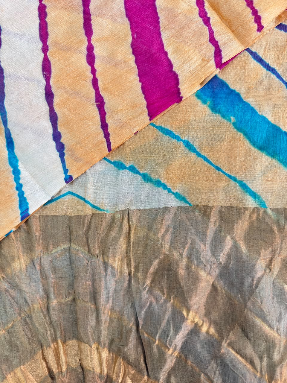 Yellow Pure Tusser Silk with vibrant multicolour Leheriya waves