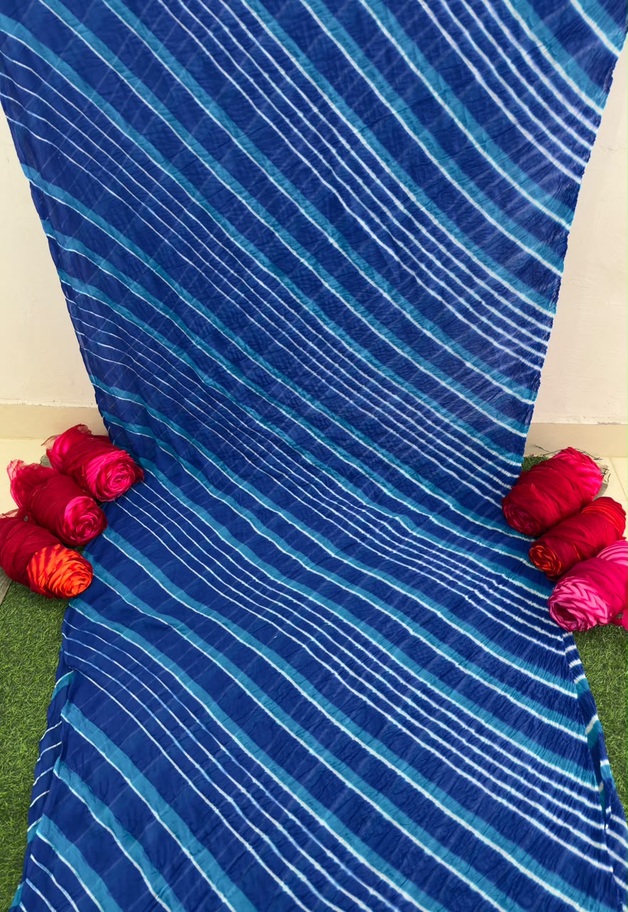 Blue Pure Double Diamond Chiffon Leheriya Sarees