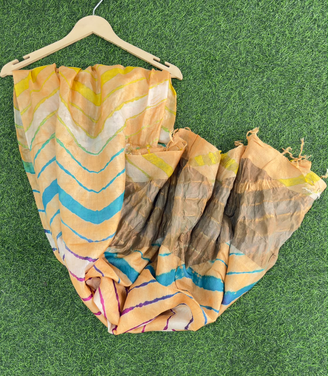 Yellow Pure Tusser Silk with vibrant multicolour Leheriya waves