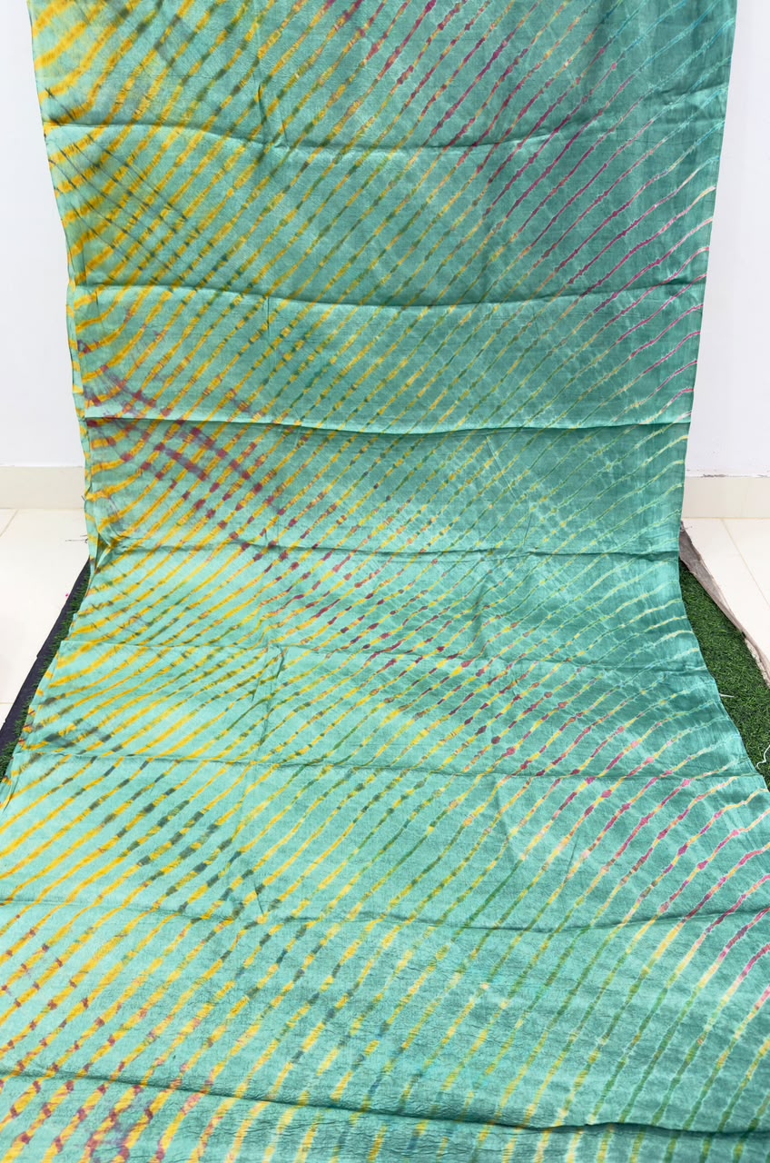 Green Pure Handloom Tusser Silk Multi Leheriya Saree ✨