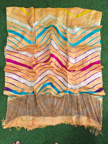 Yellow Pure Tusser Silk with vibrant multicolour Leheriya waves