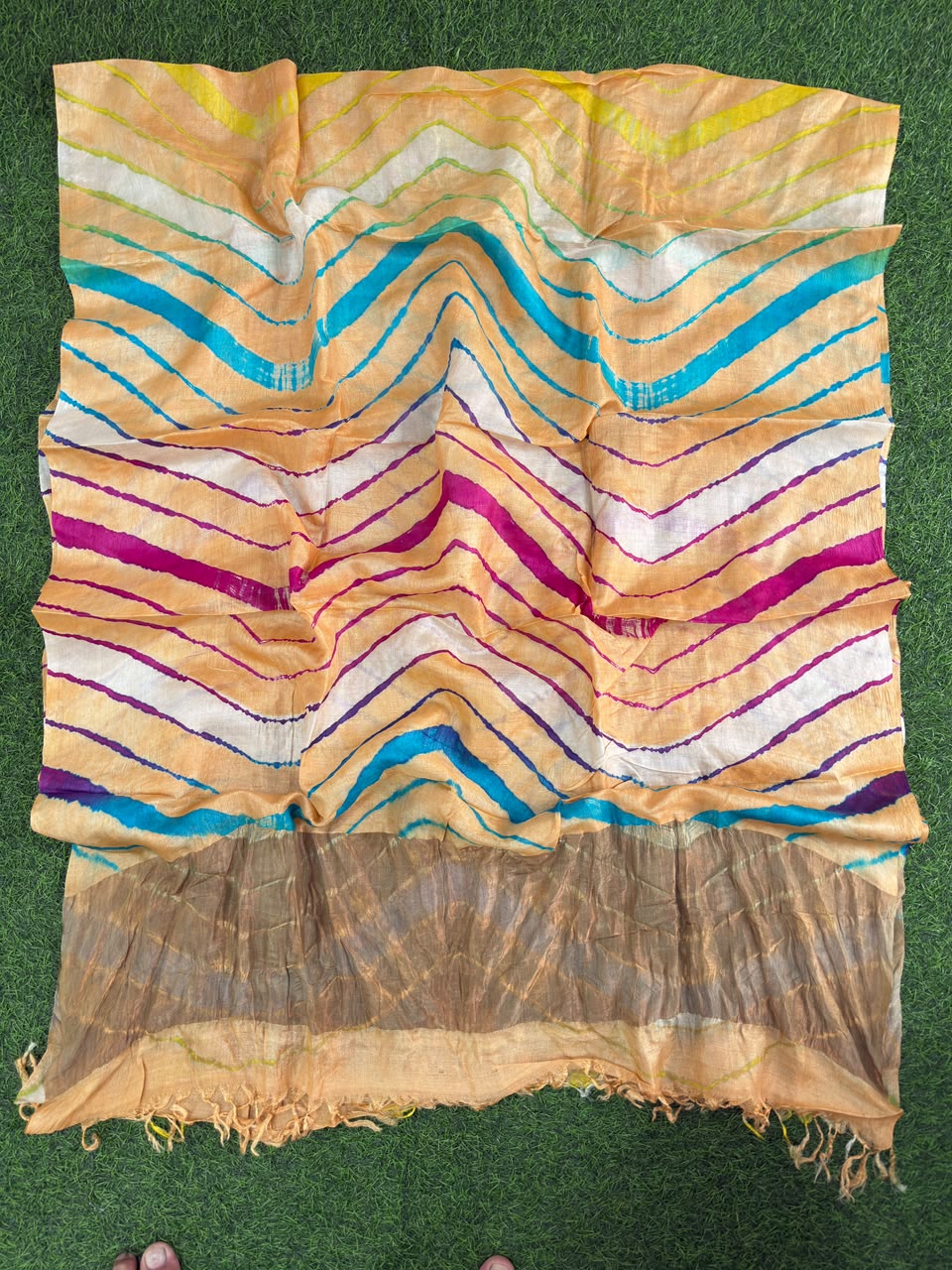 Yellow Pure Tusser Silk with vibrant multicolour Leheriya waves