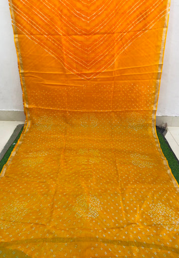 Yellow Pure Kota Silk Leheriya paired with a stunning Bandhani pallu