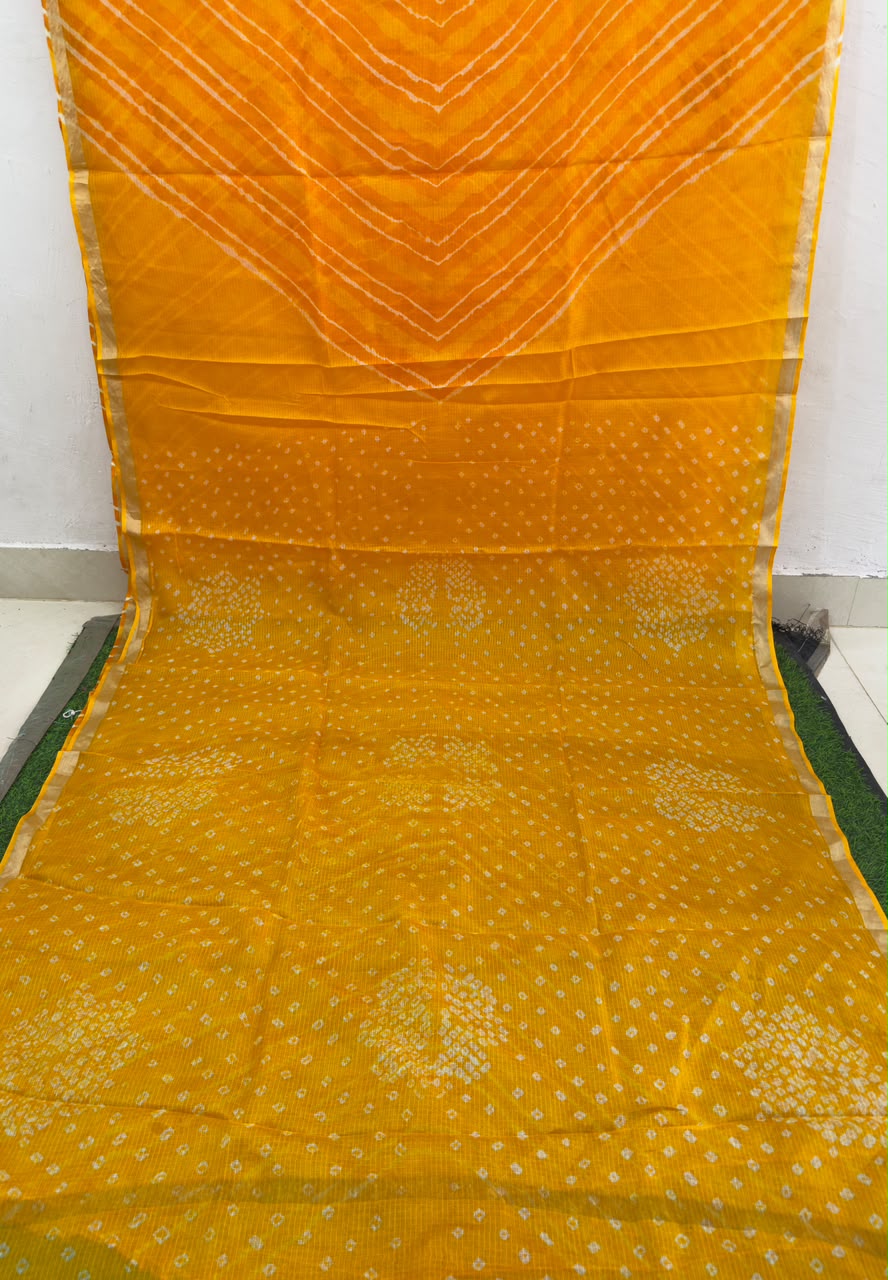 Yellow Pure Kota Silk Leheriya paired with a stunning Bandhani pallu