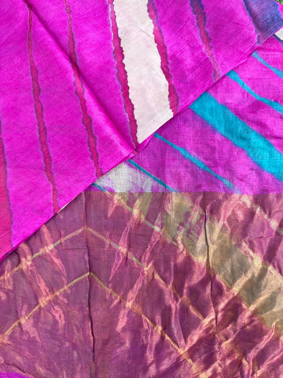 Dark Pink Pure Tusser Silk with vibrant multicolour Leheriya waves