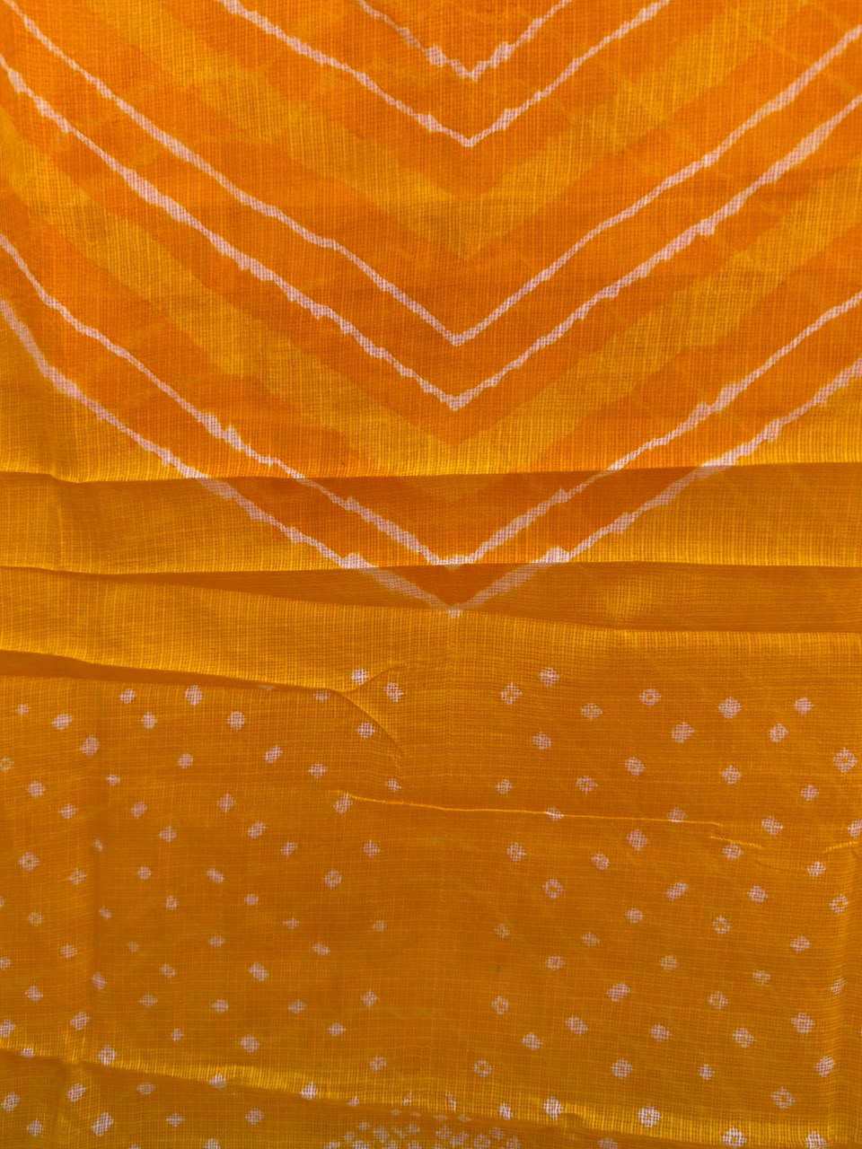 Yellow Pure Kota Silk Leheriya paired with a stunning Bandhani pallu