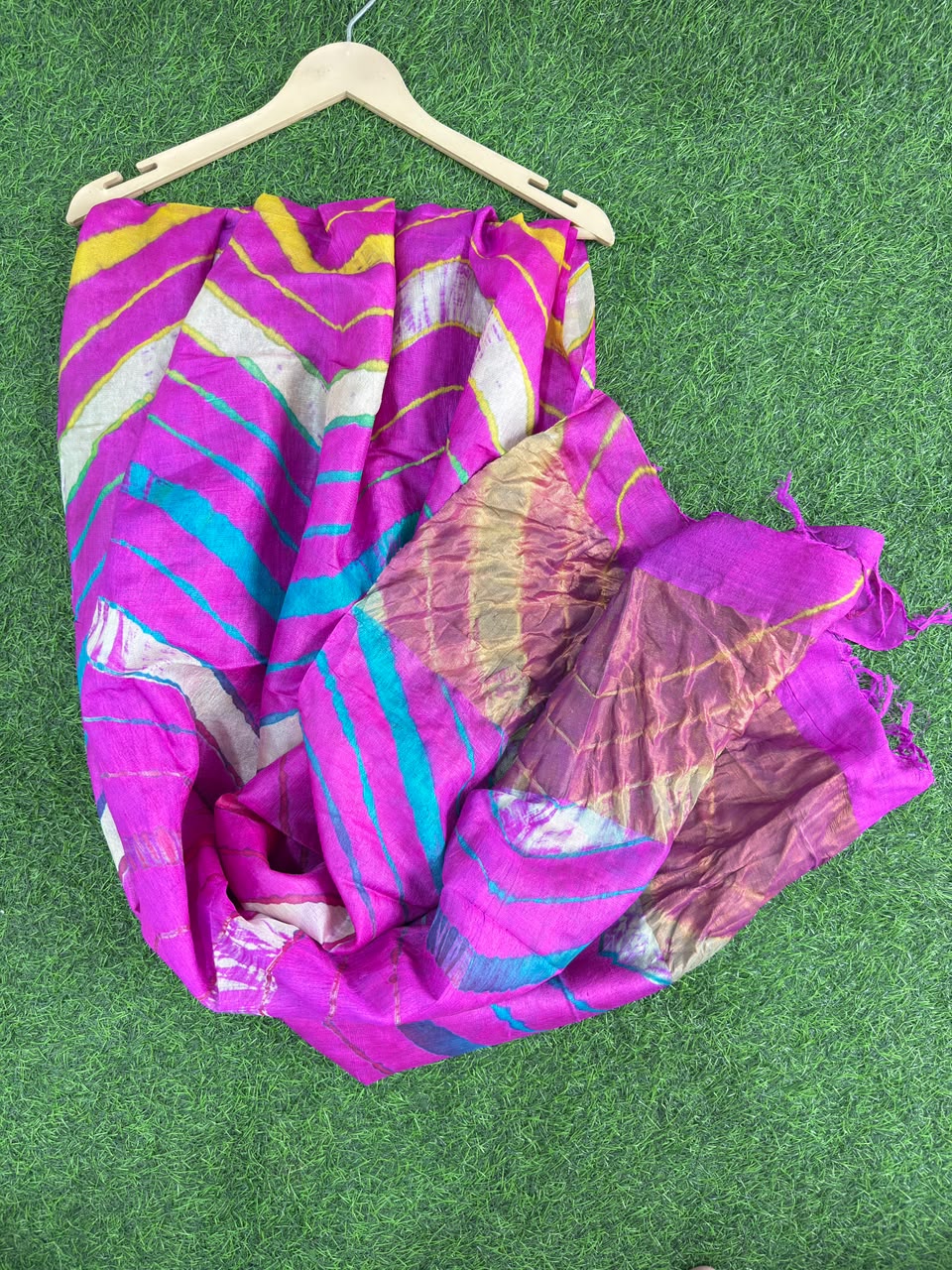 Dark Pink Pure Tusser Silk with vibrant multicolour Leheriya waves