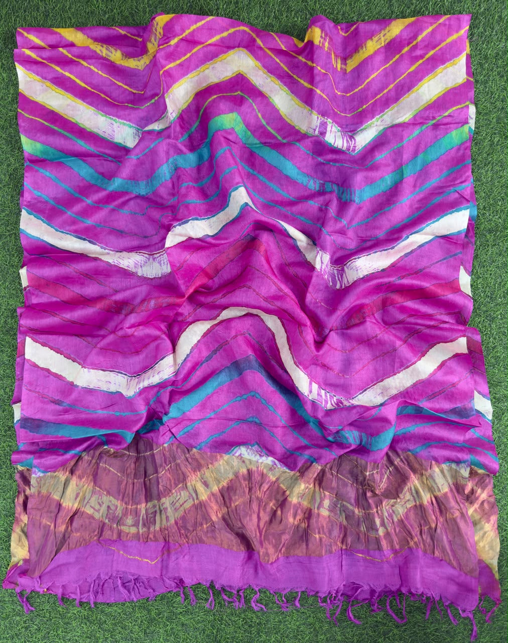 Dark Pink Pure Tusser Silk with vibrant multicolour Leheriya waves