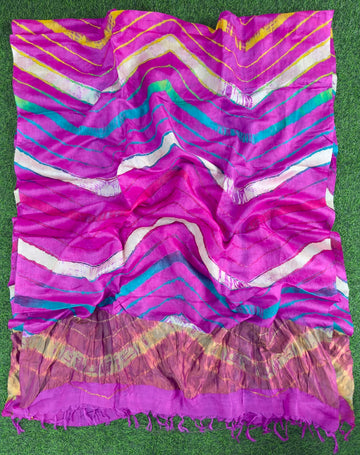 Dark Pink Pure Tusser Silk with vibrant multicolour Leheriya waves