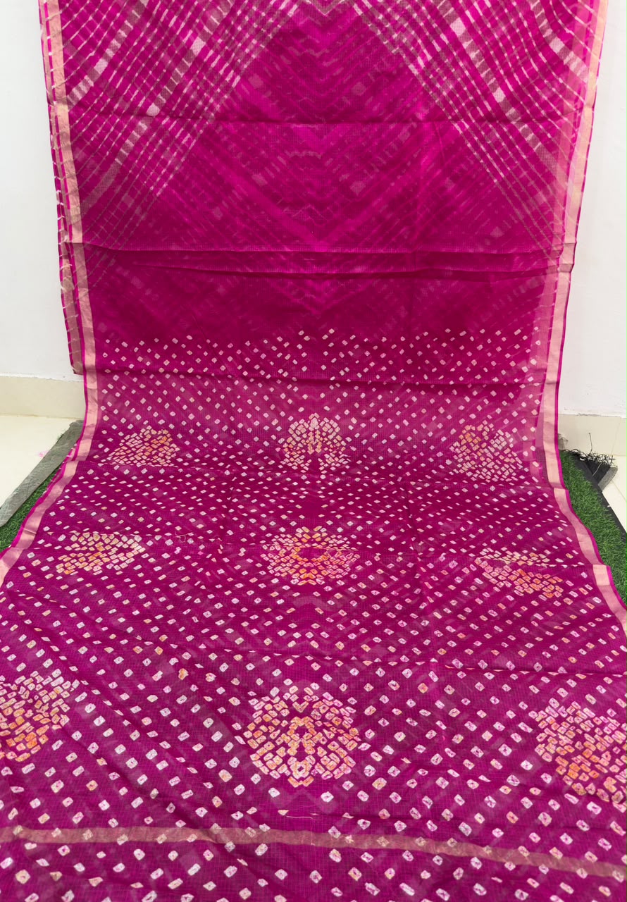 Dark Pink Pure Kota Silk Leheriya paired with a stunning Bandhani pallu