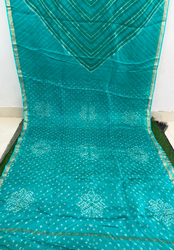 Teal Blue  Pure Kota Silk Leheriya paired with a stunning Bandhani pallu