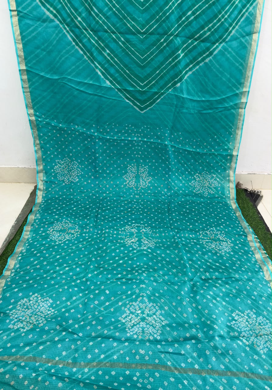 Teal Blue  Pure Kota Silk Leheriya paired with a stunning Bandhani pallu