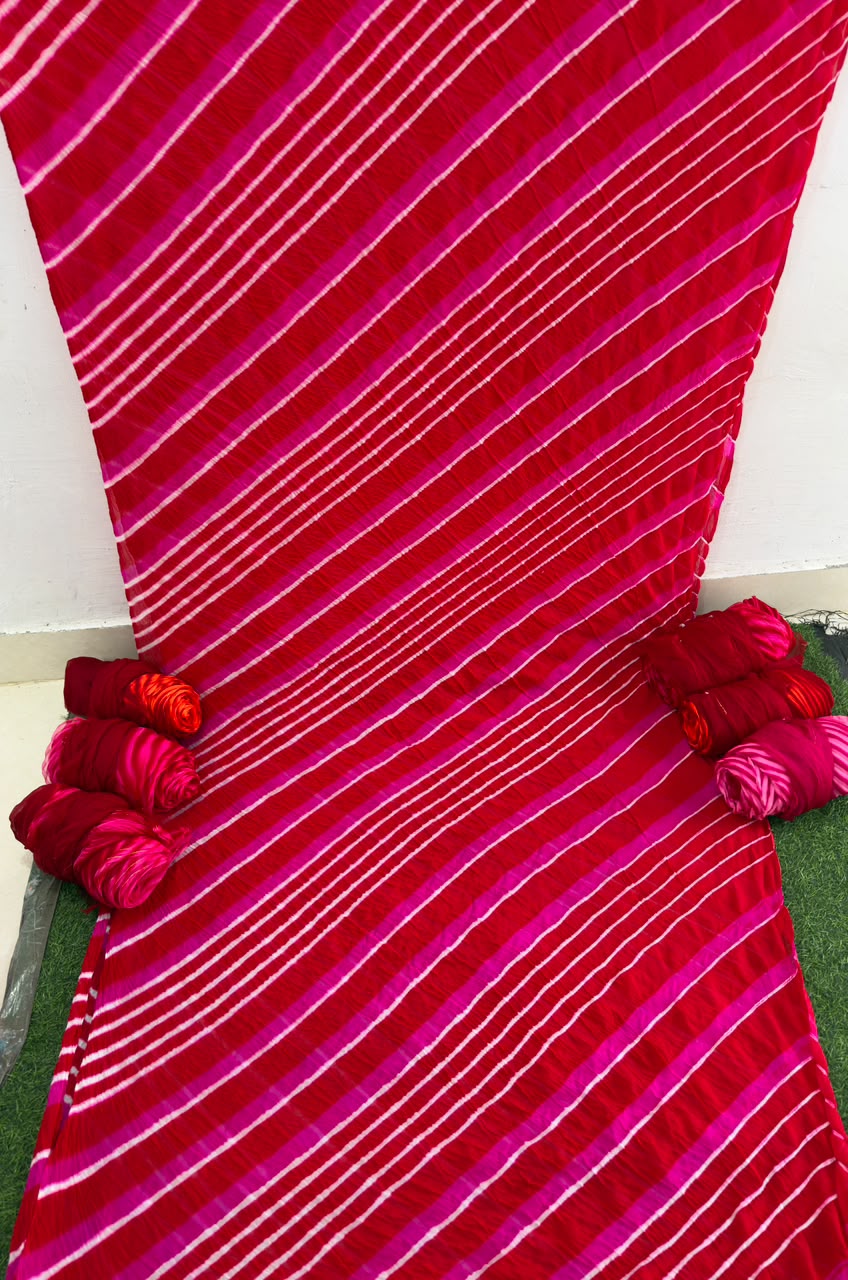 Red Pure Double Diamond Chiffon Leheriya Sarees