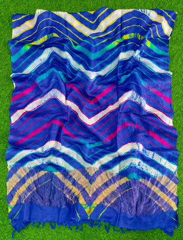 Dark Blue Pure Tusser Silk with vibrant multicolour Leheriya waves