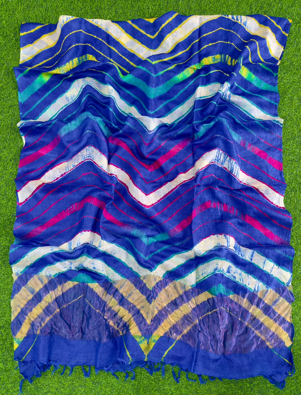 Dark Blue Pure Tusser Silk with vibrant multicolour Leheriya waves