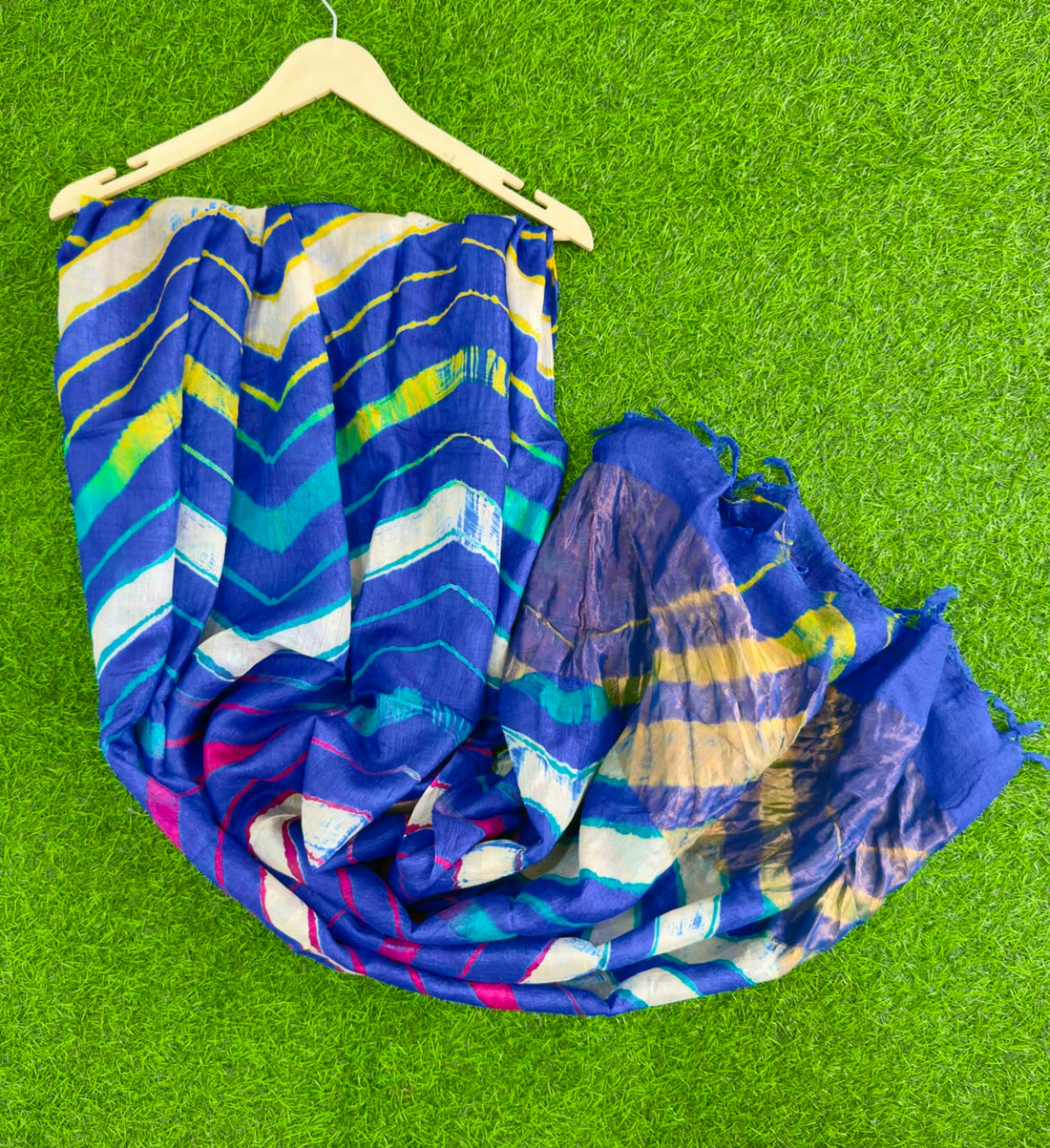 Dark Blue Pure Tusser Silk with vibrant multicolour Leheriya waves