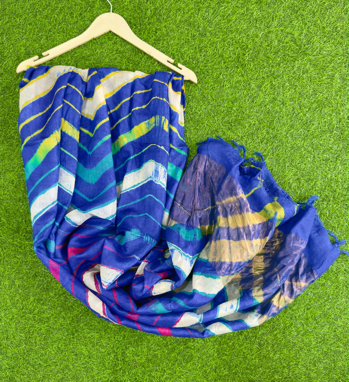 Dark Blue Pure Tusser Silk with vibrant multicolour Leheriya waves