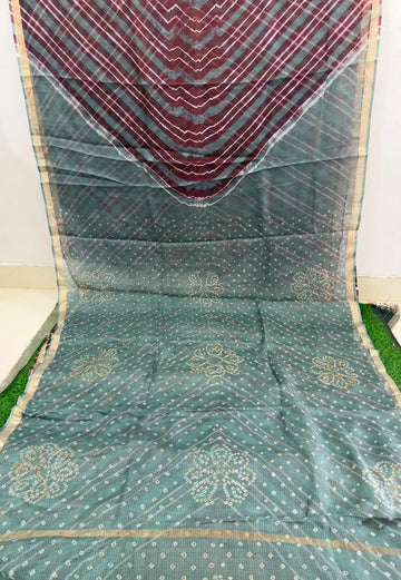 Grey Pure Kota Silk Leheriya paired with a stunning Bandhani pallu