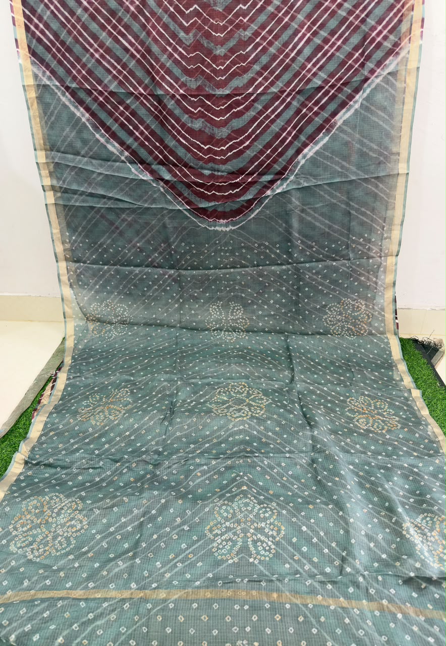 Grey Pure Kota Silk Leheriya paired with a stunning Bandhani pallu
