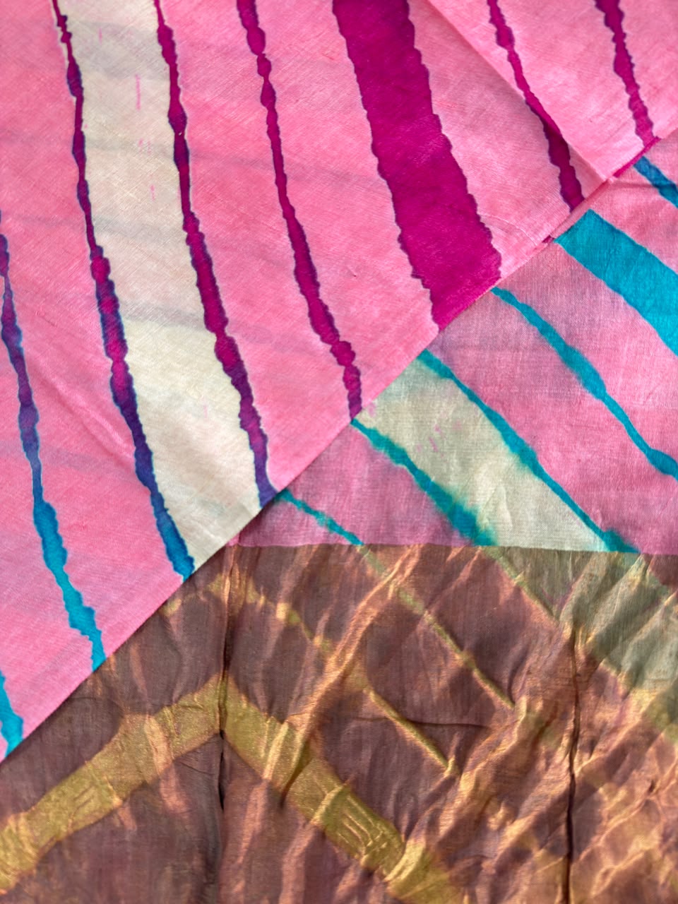Baby Pink Pure Tusser Silk with vibrant multicolour Leheriya waves