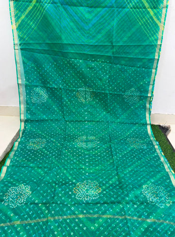 Green Pure Kota Silk Leheriya paired with a stunning Bandhani pallu