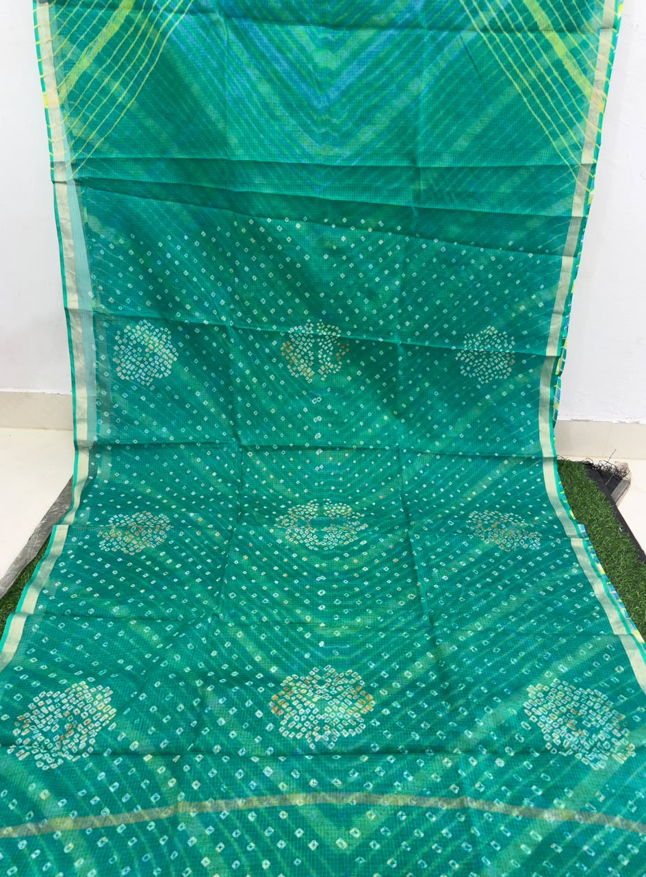 Green Pure Kota Silk Leheriya paired with a stunning Bandhani pallu