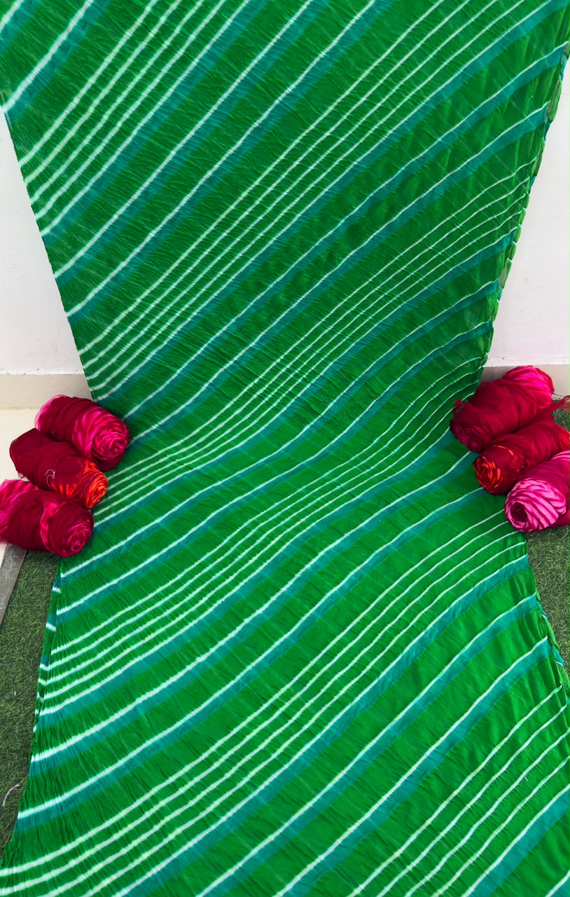 Green Pure Double Diamond Chiffon Leheriya Sarees