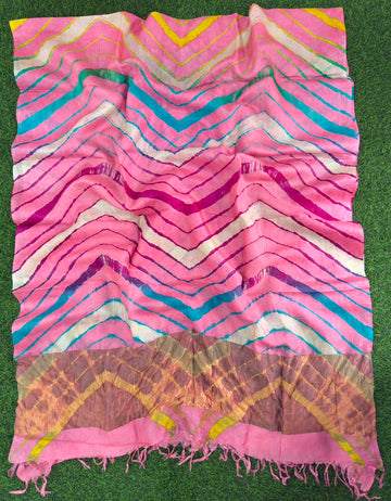 Baby Pink Pure Tusser Silk with vibrant multicolour Leheriya waves