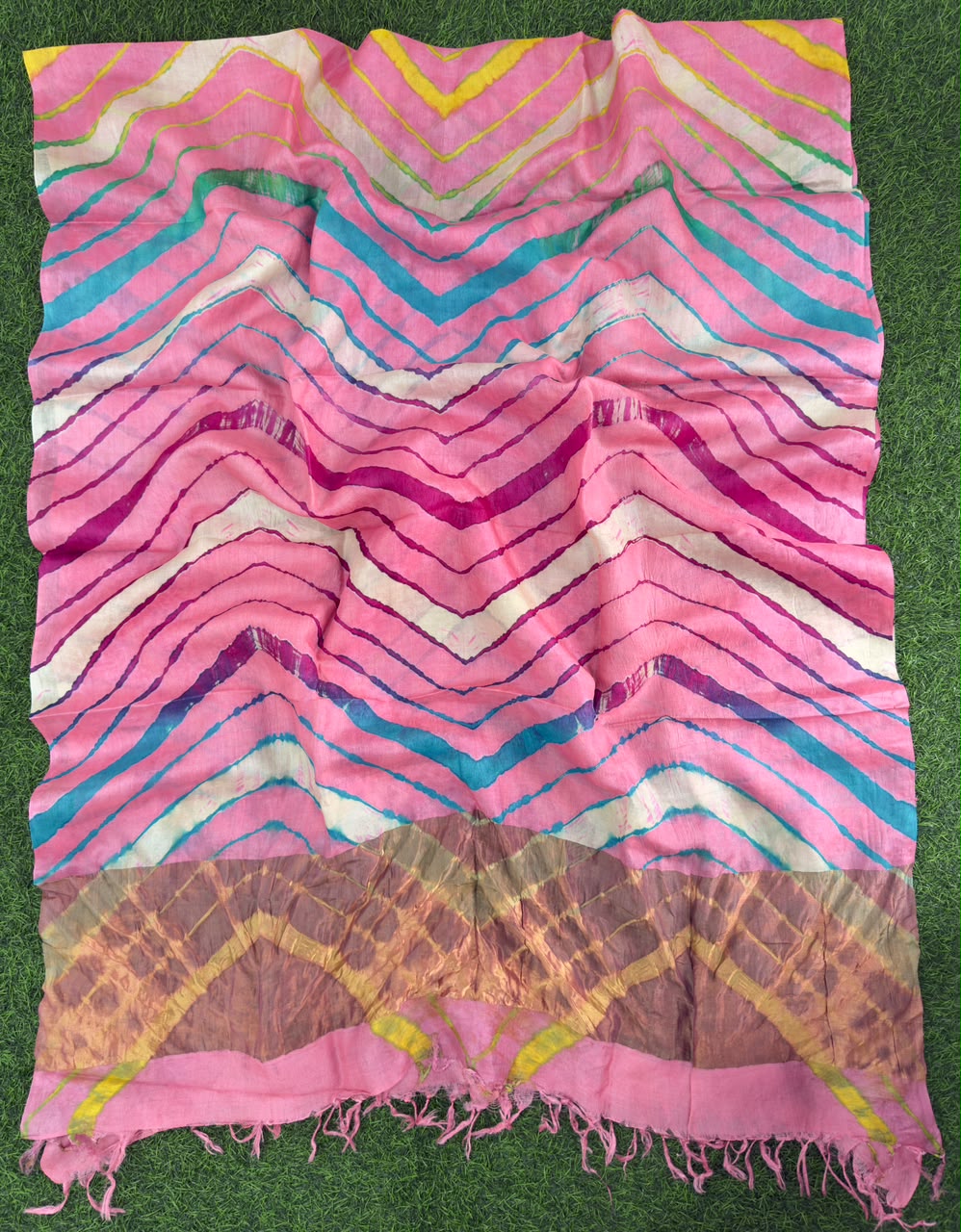 Baby Pink Pure Tusser Silk with vibrant multicolour Leheriya waves