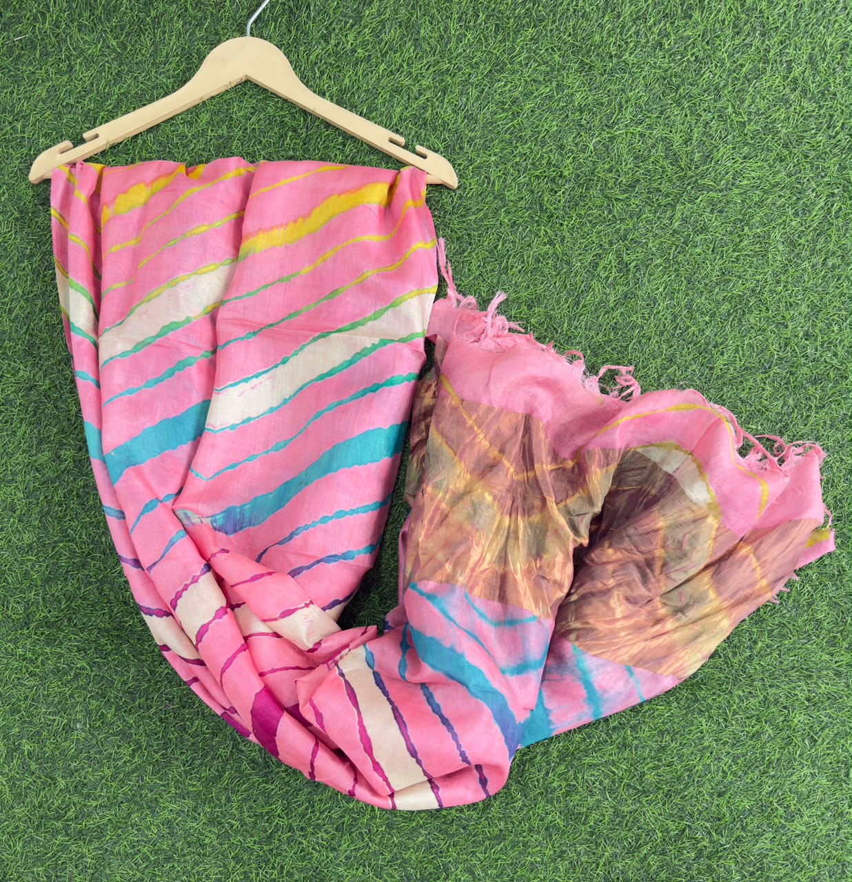 Baby Pink Pure Tusser Silk with vibrant multicolour Leheriya waves