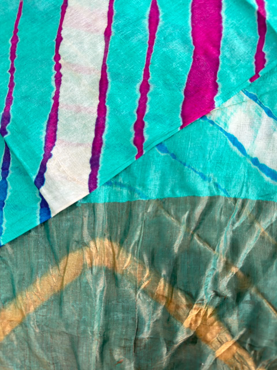 Teal Blue Pure Tusser Silk with vibrant multicolour Leheriya waves