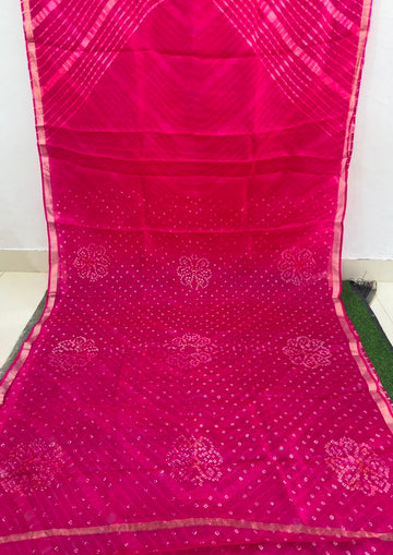 Pink Pure Kota Silk Leheriya paired with a stunning Bandhani pallu