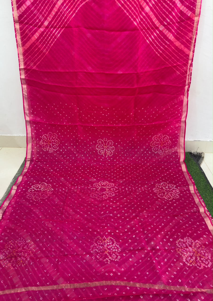 Pink Pure Kota Silk Leheriya paired with a stunning Bandhani pallu