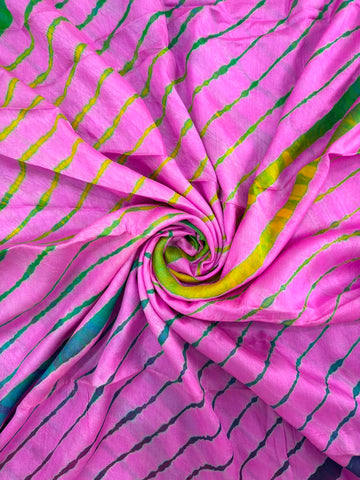 Deep Pink Pure Handloom Tusser Silk Multi Leheriya Saree ✨