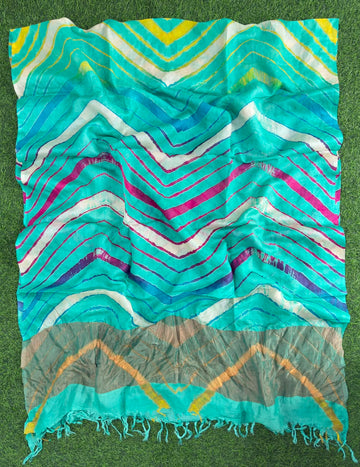 Teal Blue Pure Tusser Silk with vibrant multicolour Leheriya waves