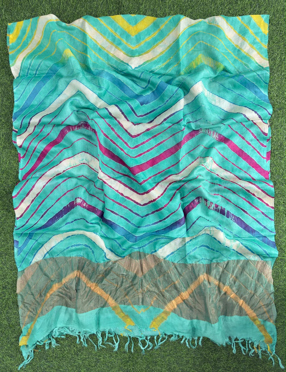 Teal Blue Pure Tusser Silk with vibrant multicolour Leheriya waves