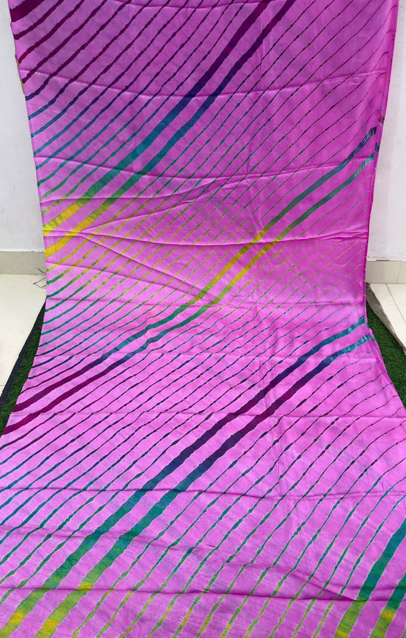 Deep Pink Pure Handloom Tusser Silk Multi Leheriya Saree ✨