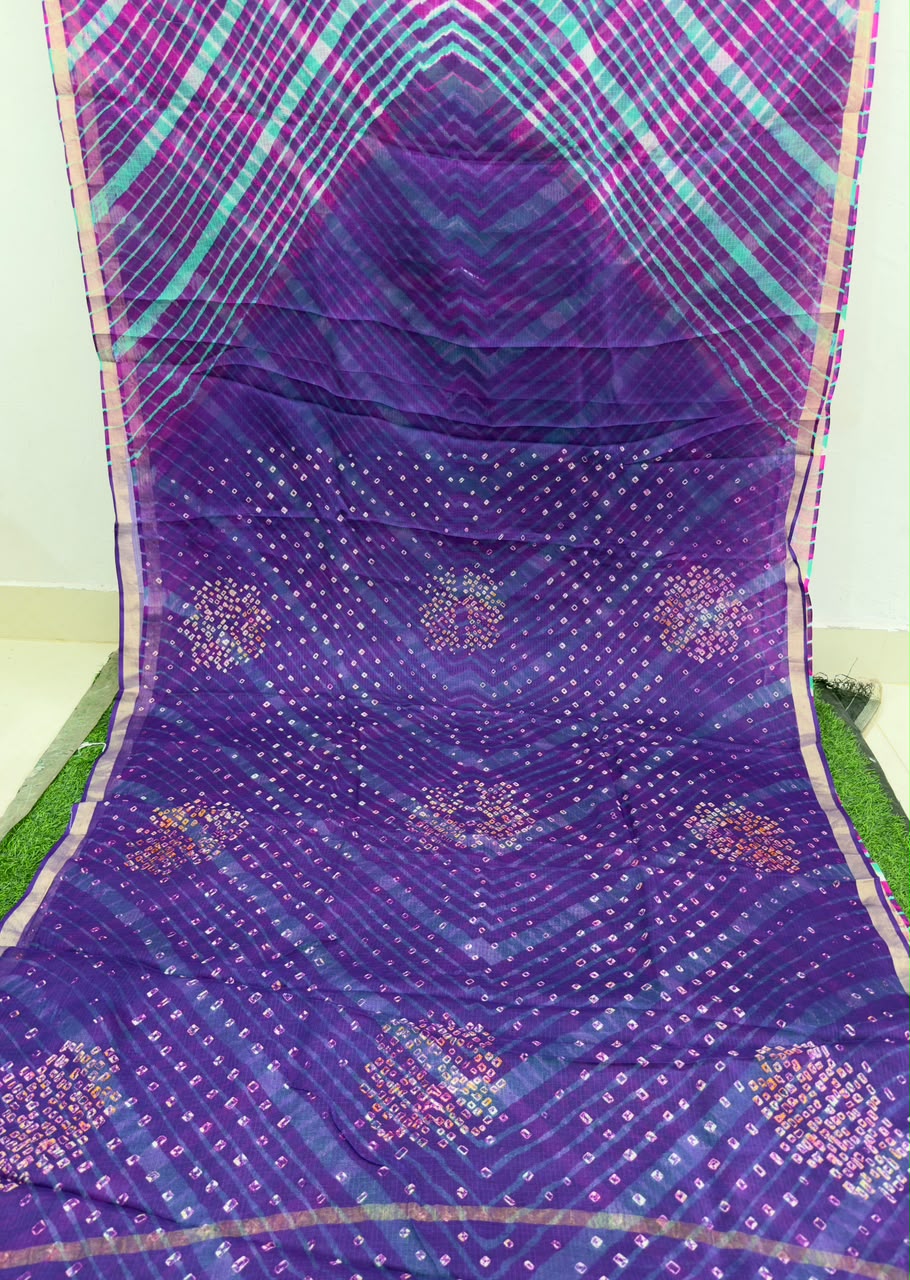 Purple Pure Kota Silk Leheriya paired with a stunning Bandhani pallu