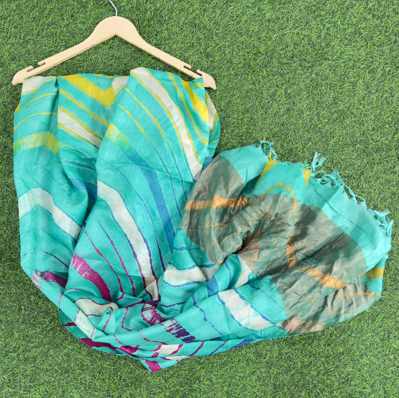 Teal Blue Pure Tusser Silk with vibrant multicolour Leheriya waves