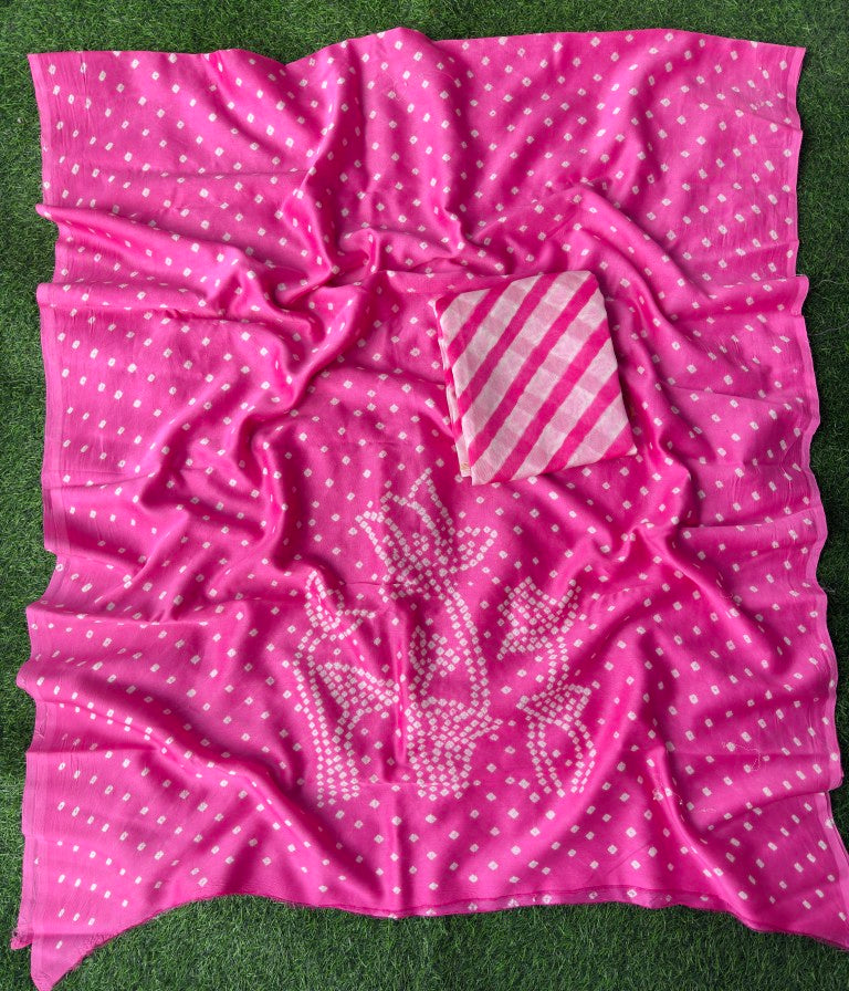 Pure Chanderi Leheriya And Bandhani Suite Set  Chanderi Kurta