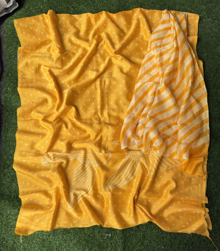 Pure Chanderi Leheriya And Bandhani Suite Set  Chanderi Kurta