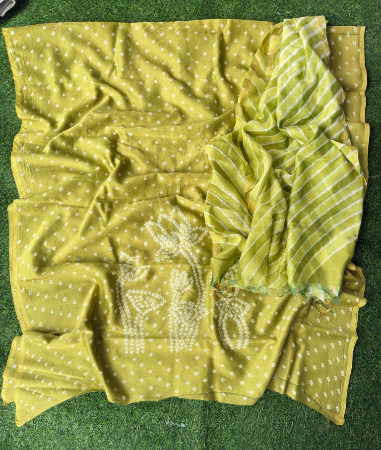 Pure Chanderi Leheriya And Bandhani Suite Set  Chanderi Kurta