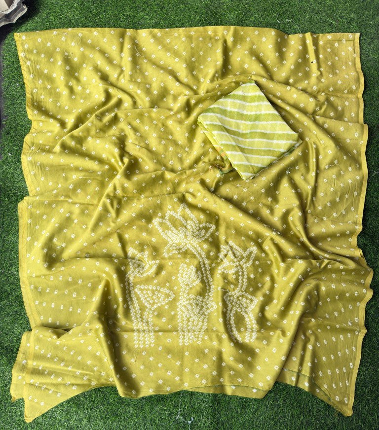 Pure Chanderi Leheriya And Bandhani Suite Set  Chanderi Kurta