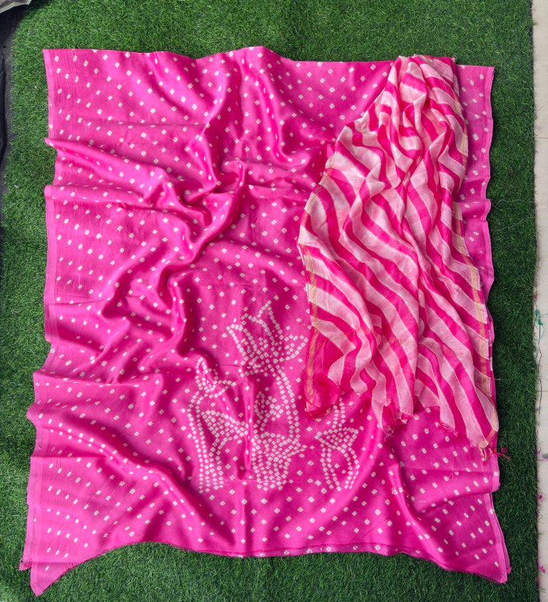 Pure Chanderi Leheriya And Bandhani Suite Set  Chanderi Kurta