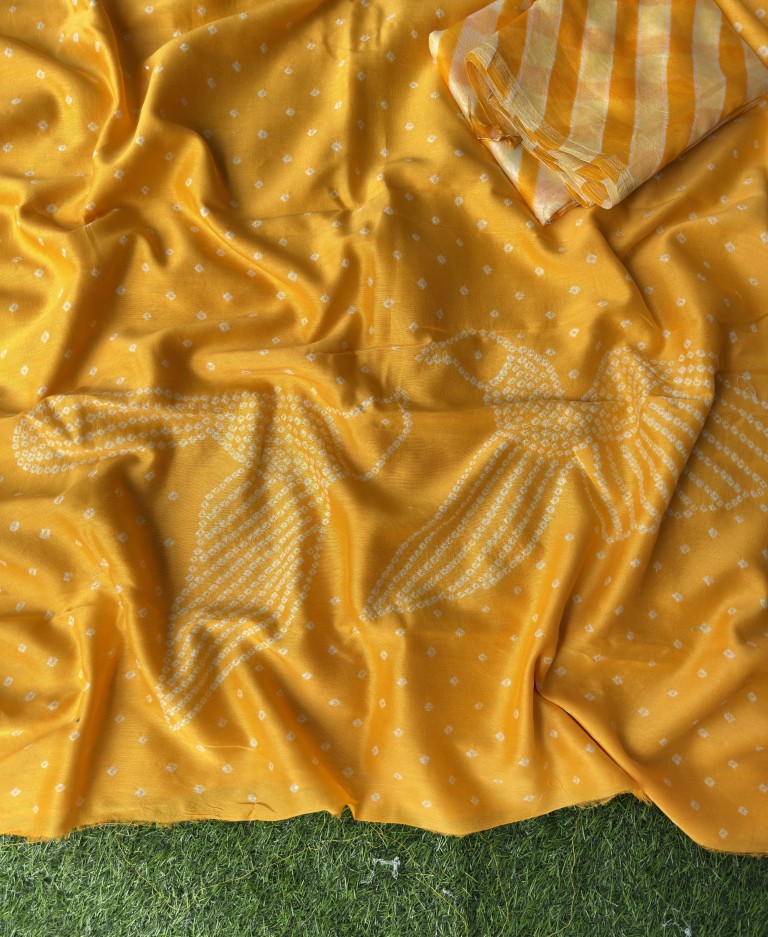 Pure Chanderi Leheriya And Bandhani Suite Set  Chanderi Kurta