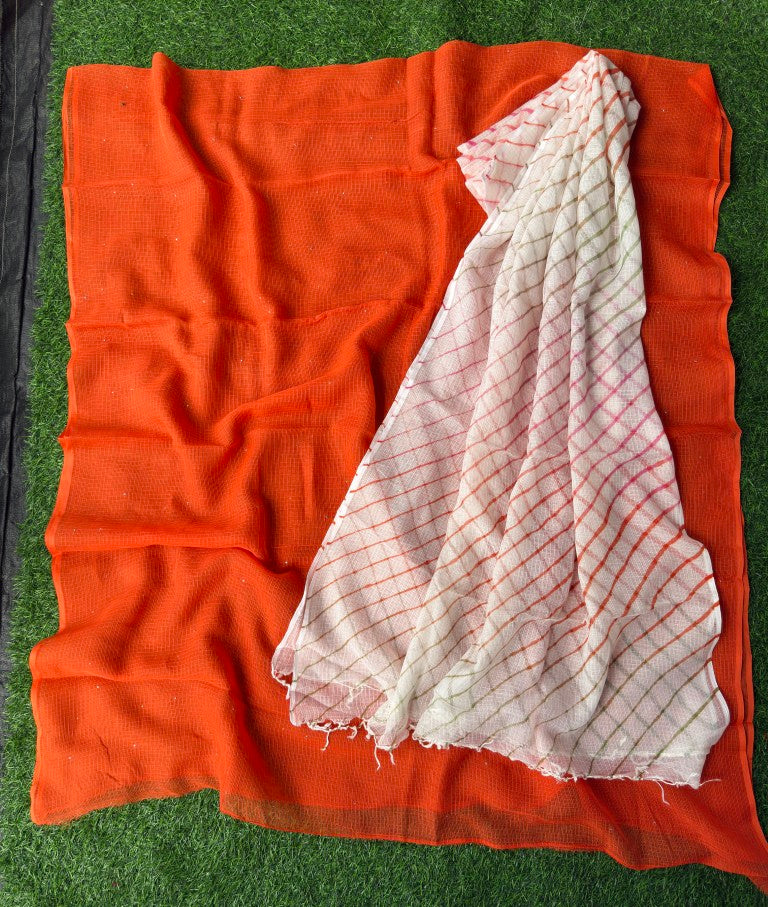 Pure Kora Cotton Suit Set With Mukesh Work And Multi Colour Leheriya Duptta