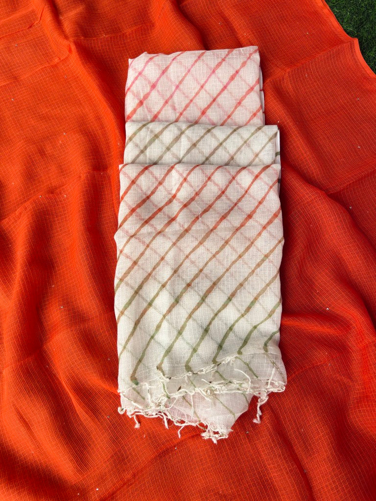 Pure Kora Cotton Suit Set With Mukesh Work And Multi Colour Leheriya Duptta