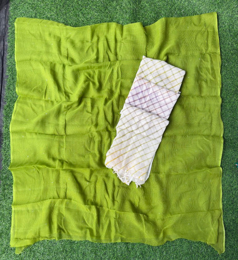 Pure Kora Cotton Suit Set With Mukesh Work And Multi Colour Leheriya Duptta