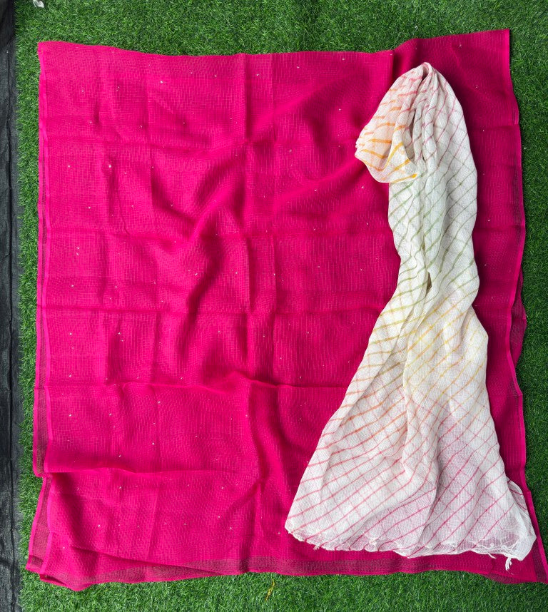 Pure Kora Cotton Suit Set With Mukesh Work And Multi Colour Leheriya Duptta