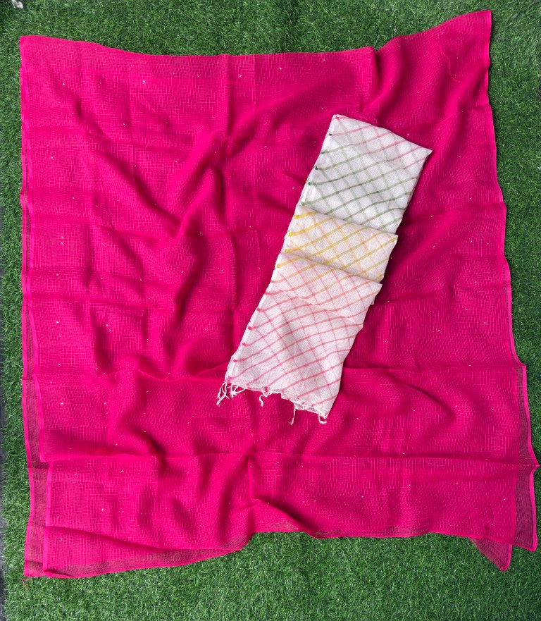 Pure Kora Cotton Suit Set With Mukesh Work And Multi Colour Leheriya Duptta